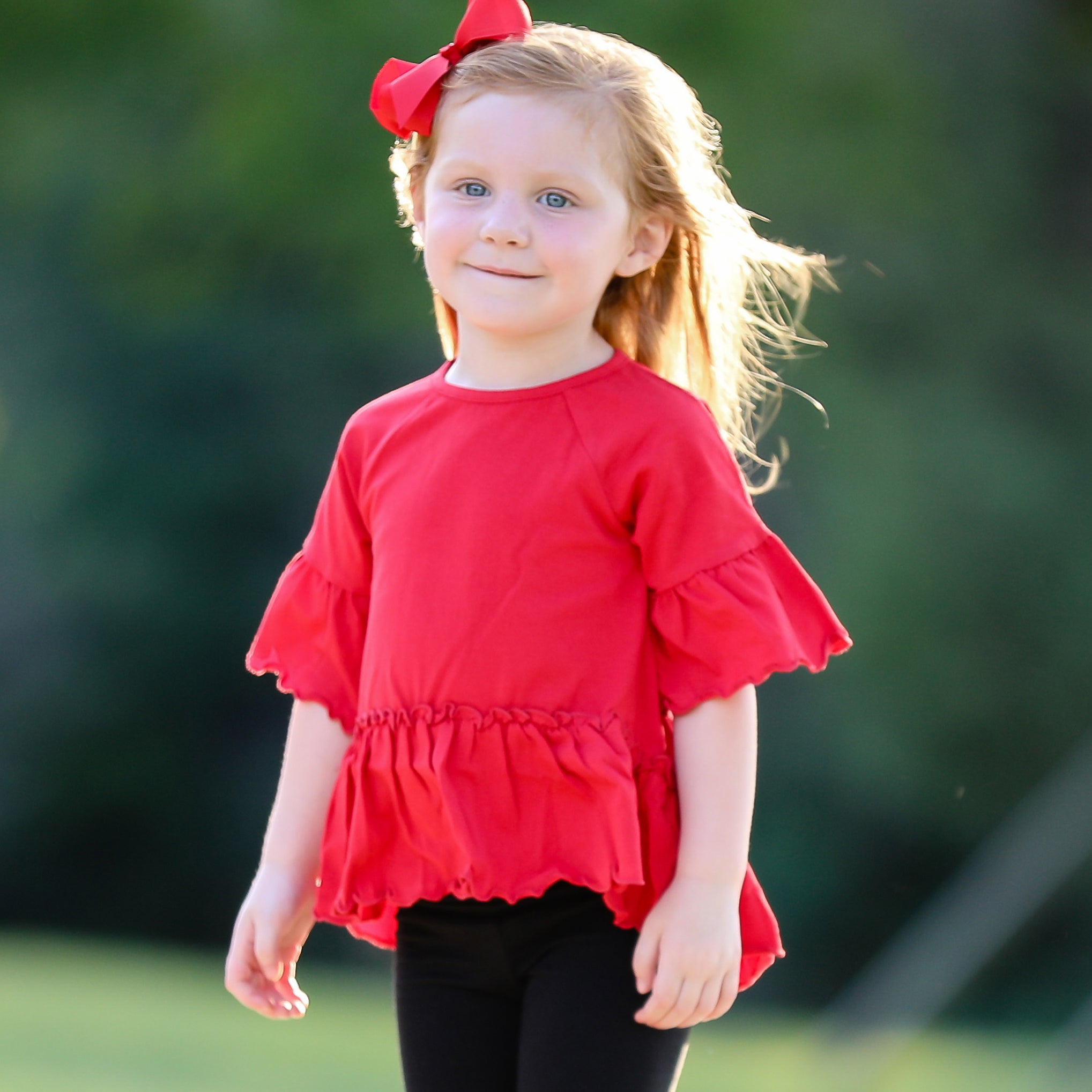 AnnLoren Little & Big Girls 3/4 Angel Sleeve Red Cotton Knit Ruffle top with bell sleeves and flowy silhouette.